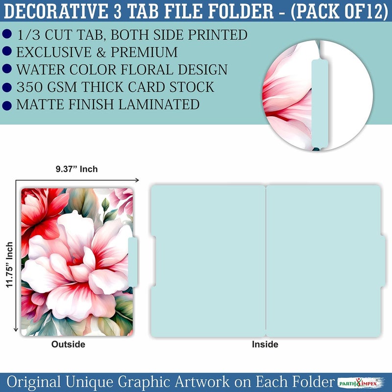 PARTH IMPEX 12 Pack Decorative Floral File Folders, 1/3 Cut Tab with Assorted Positions, Letter Size Paper Holders (9.75” x 11.75”) Matte Finish Laminated, Cute Fancy Folder for Office School Work - Image 2